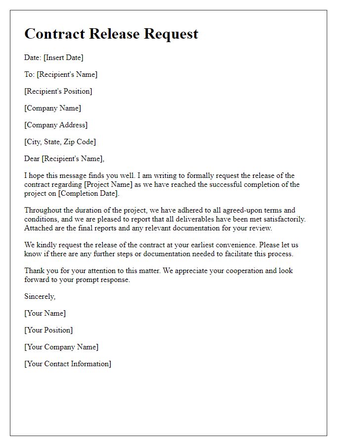 Letter template of contract release request for project completion