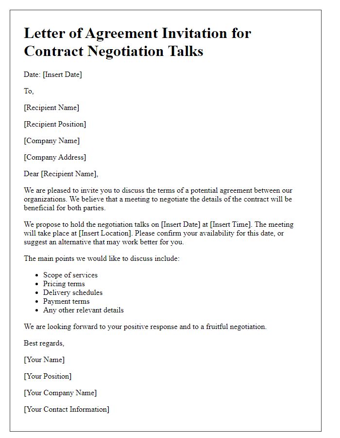 Letter template of agreement invitation for contract negotiation talks