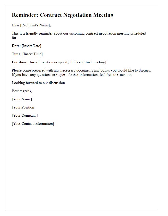 Letter template of reminder for scheduled contract negotiation meeting