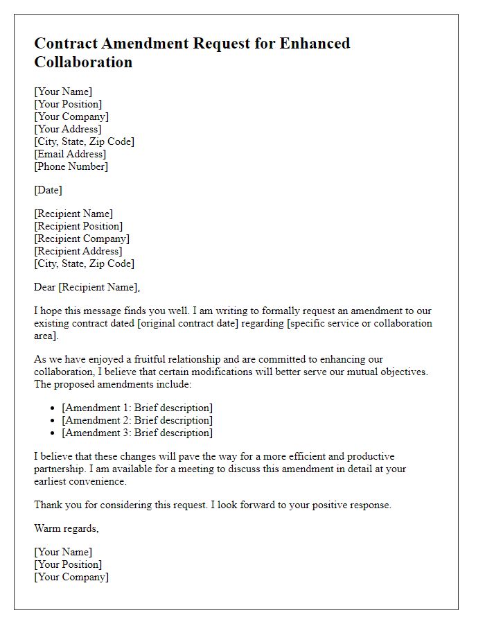 Letter template of contract amendment request for enhanced collaboration