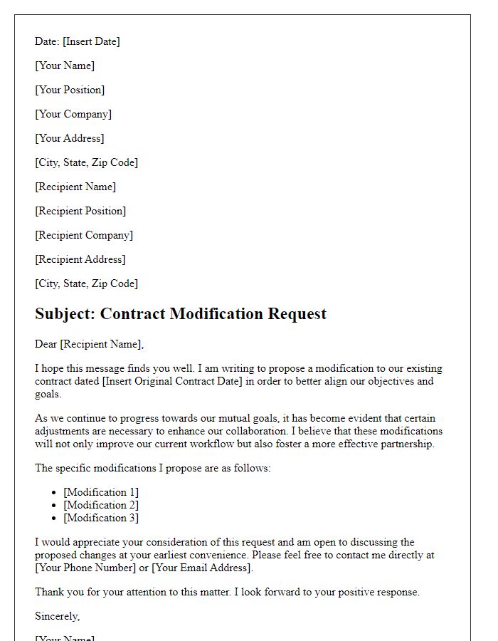 Letter template of contract modification request for alignment with goals