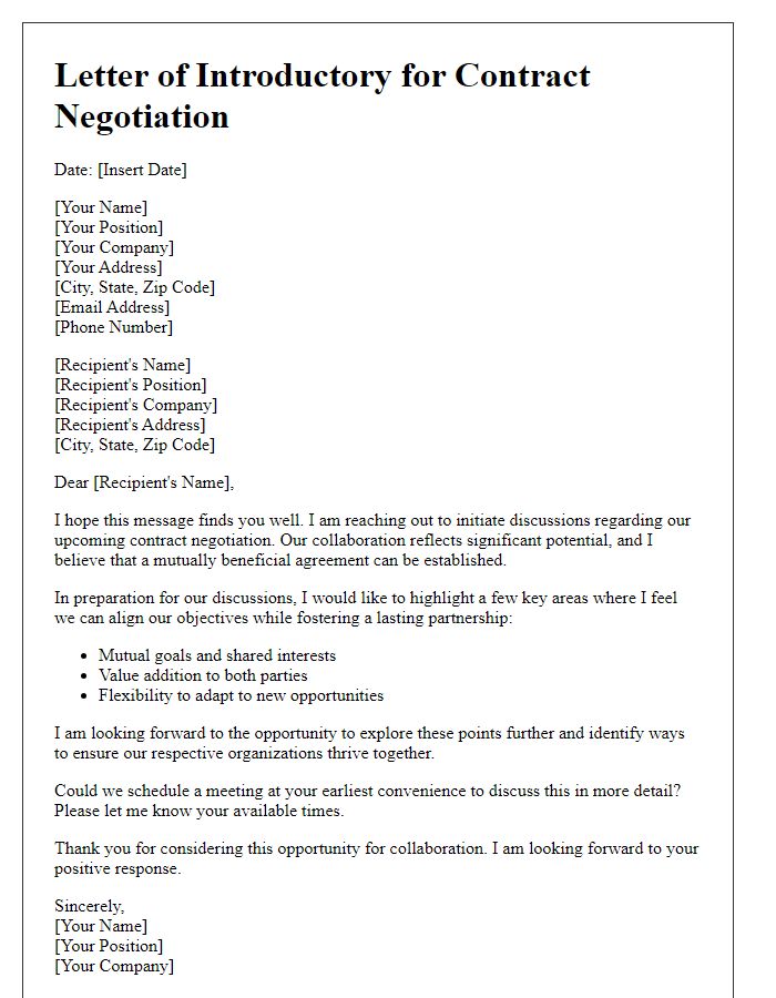 Letter template of contract negotiation opening for mutual benefit