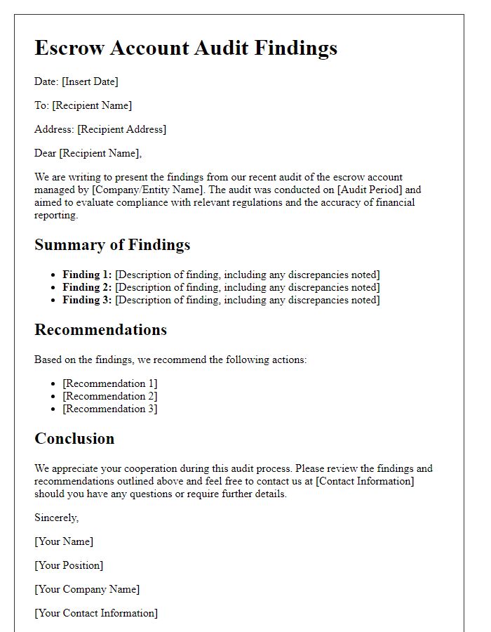 Letter template of escrow account audit findings