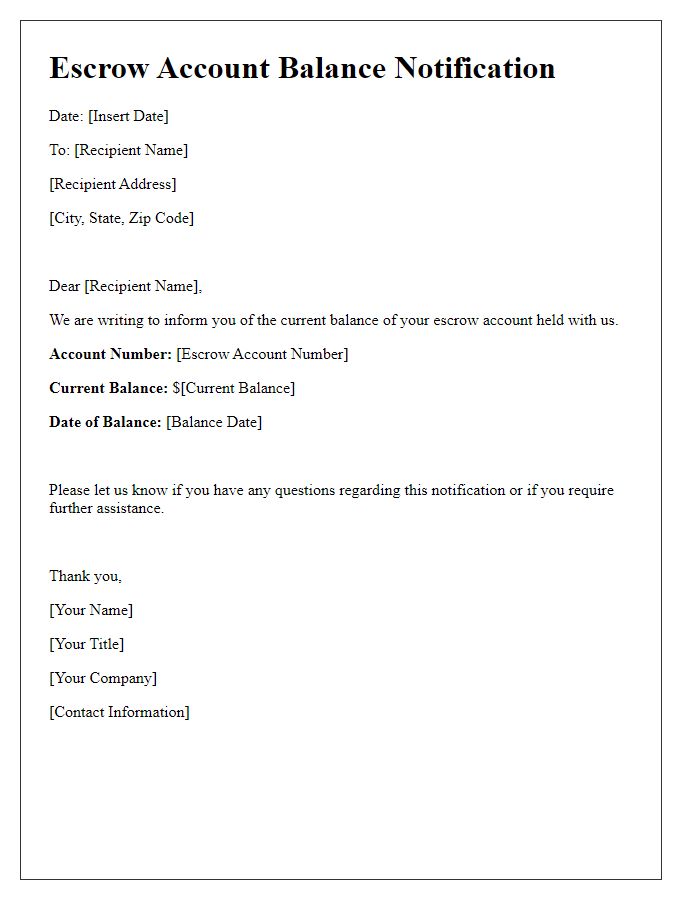 Letter template of escrow account balance notification