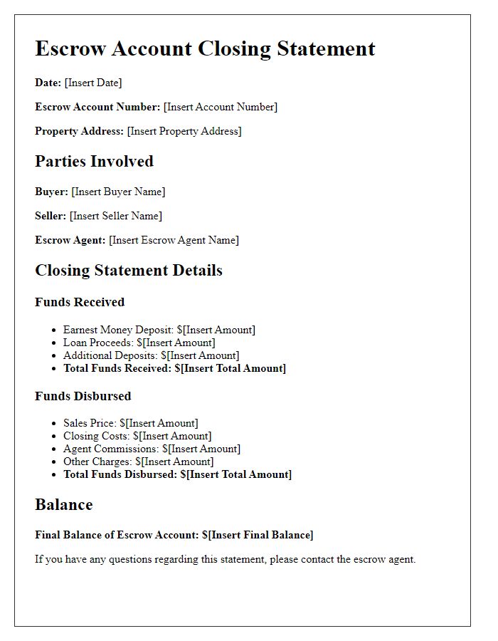 Letter template of escrow account closing statement