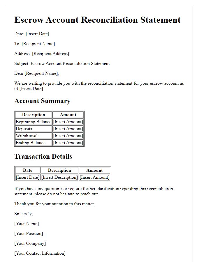 Letter template of escrow account reconciliation statement