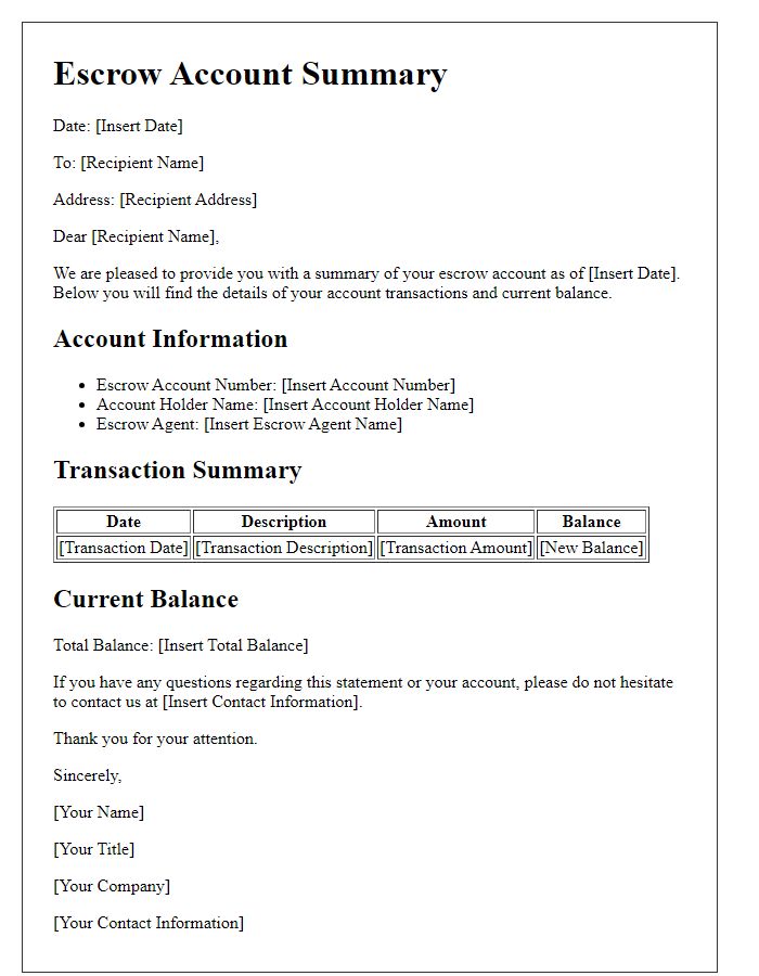 Letter template of escrow account summary