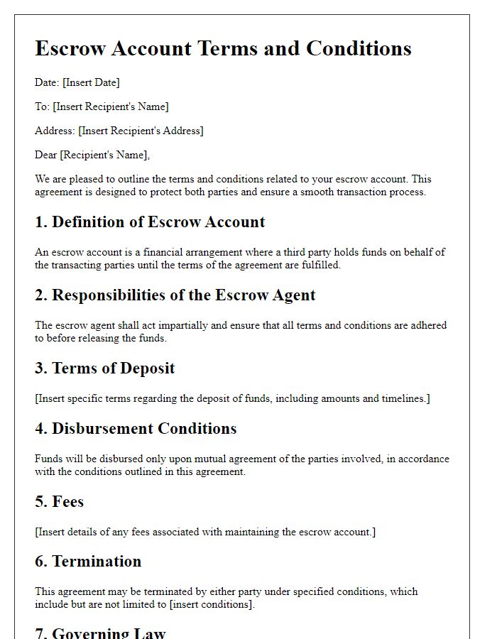 Letter template of escrow account terms and conditions