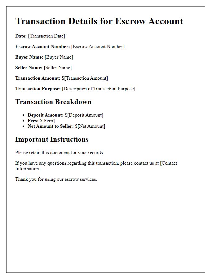 Letter template of escrow account transaction details