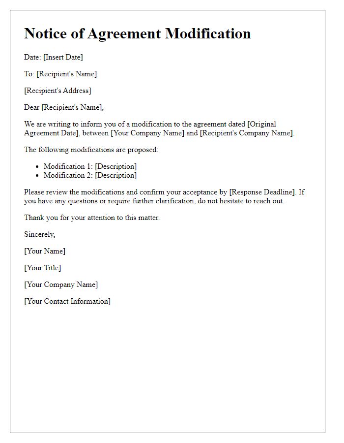 Letter template of agreement modification notice