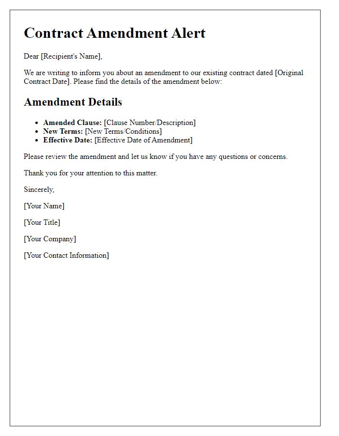 Letter template of contract amendment alert