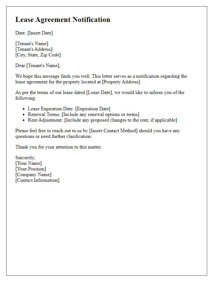 Letter template of lease agreement notification