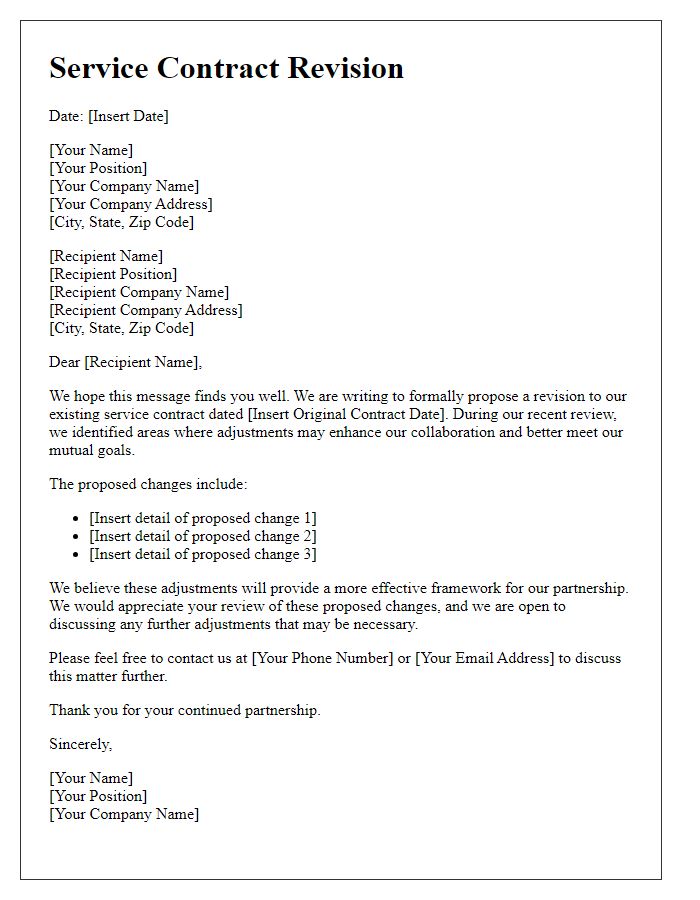 Letter template of service contract revision