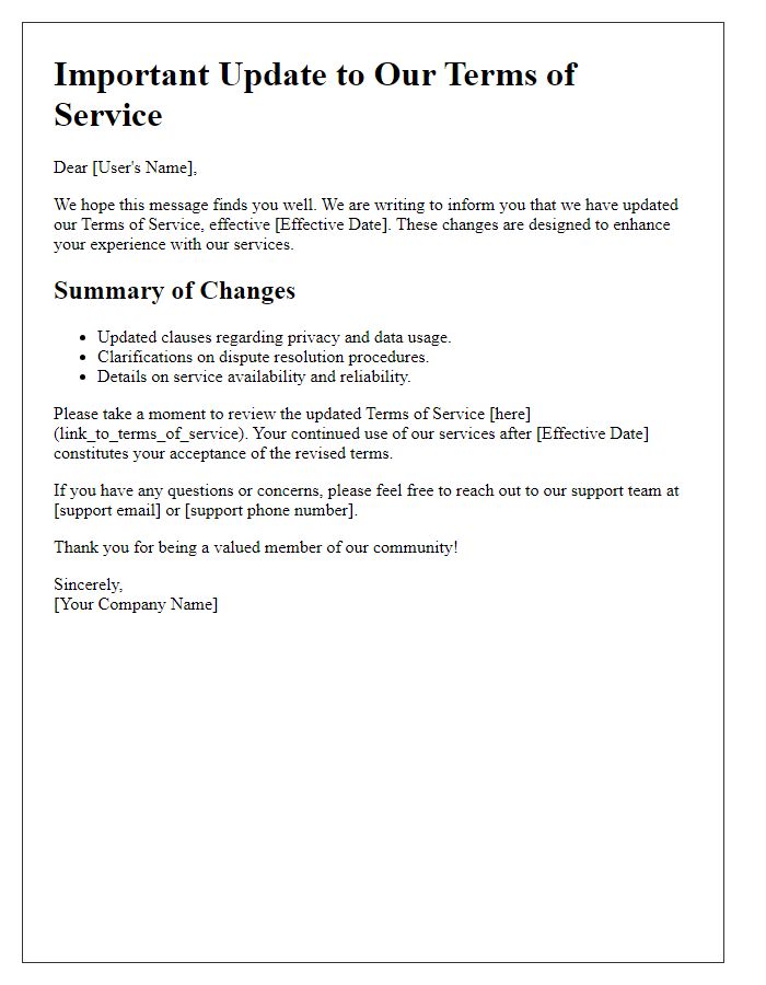 Letter template of terms of service update