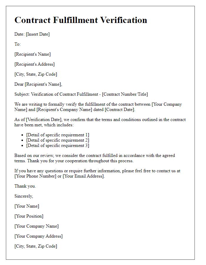 Letter template of contract fulfillment verification