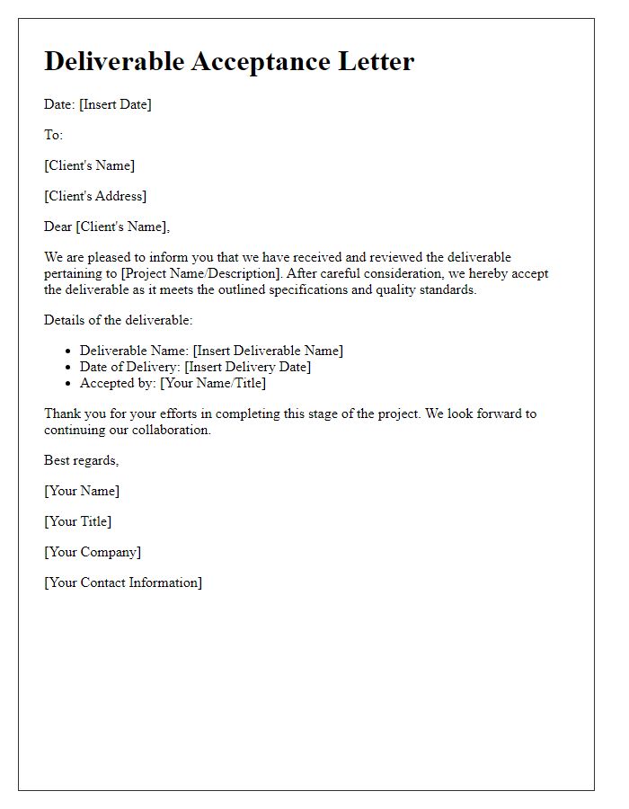 Letter template of deliverable acceptance