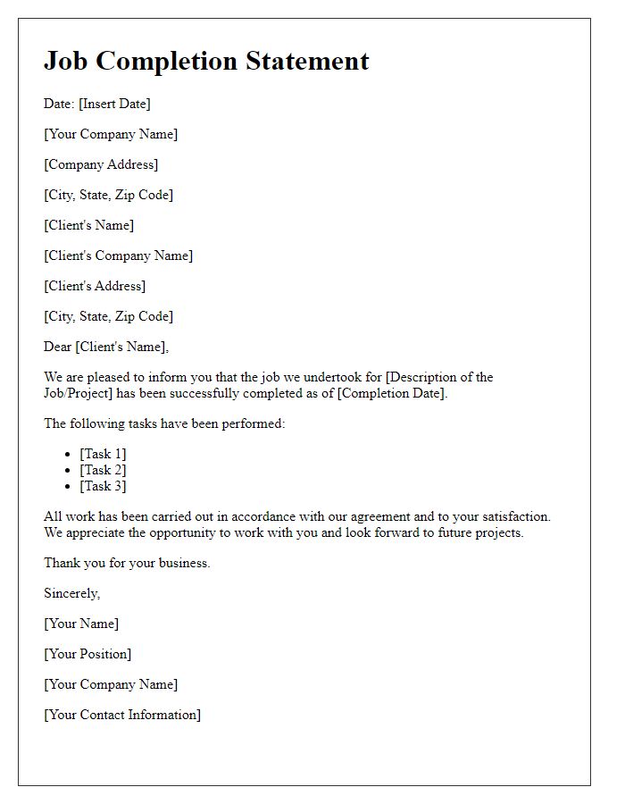 Letter template of job completion statement