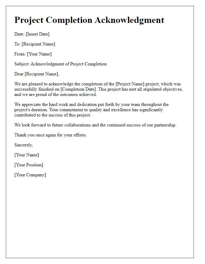 Letter template of project completion acknowledgment