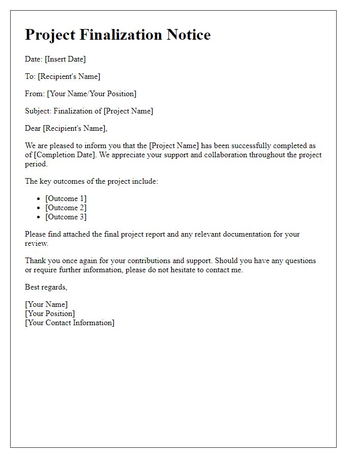 Letter template of project finalization notice