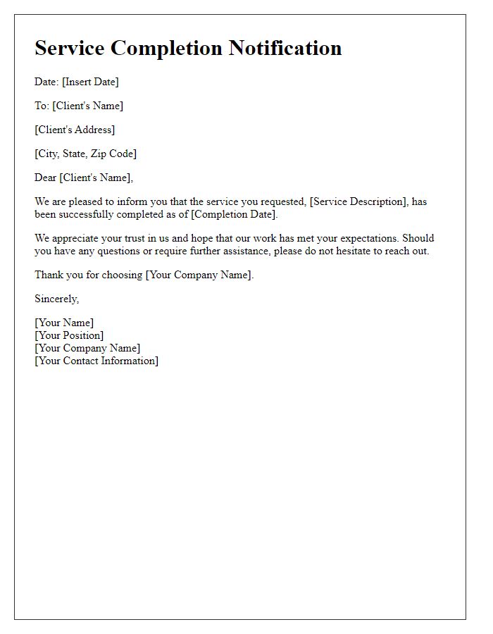Letter template of service completion notification