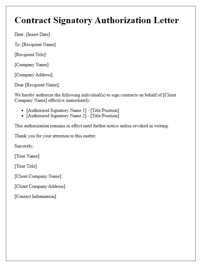 Letter template of contract signatory authorization for client contracts.