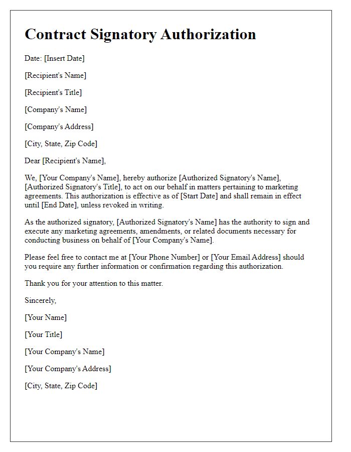 Letter template of contract signatory authorization for marketing agreements.