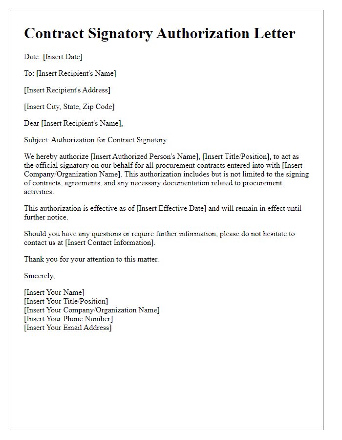 Letter template of contract signatory authorization for procurement contracts.