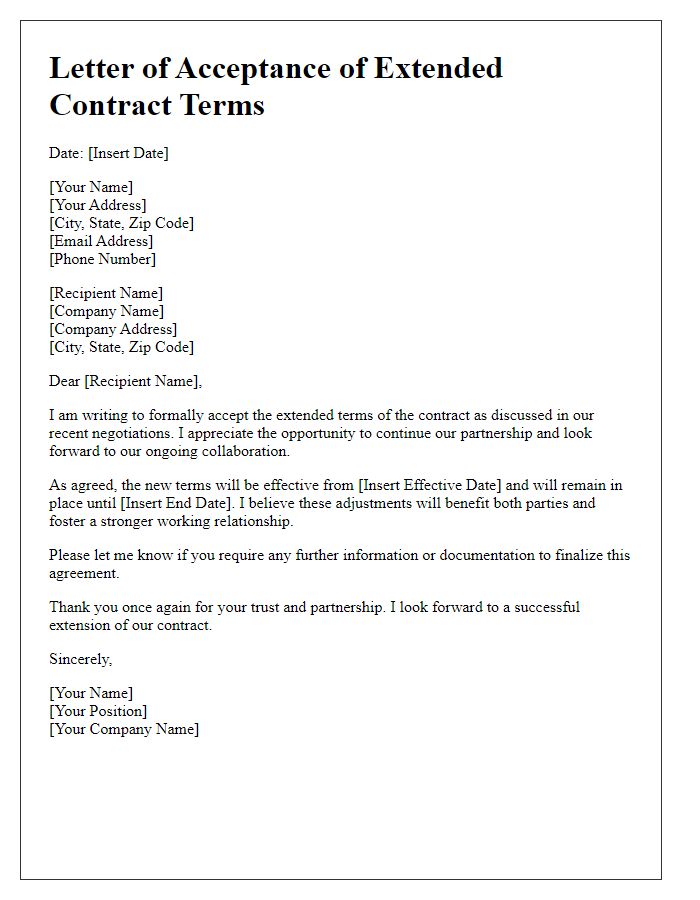 Letter template of acceptance of extended contract terms