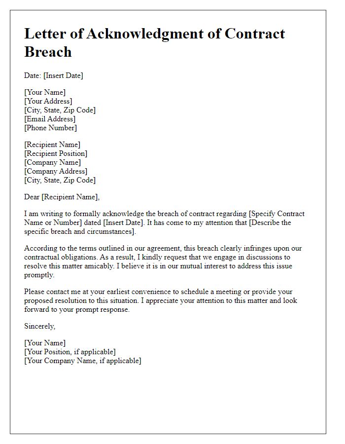 Letter template of acknowledgment of contract breach and request for resolution