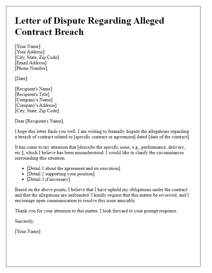 Letter template of dispute regarding alleged contract breach