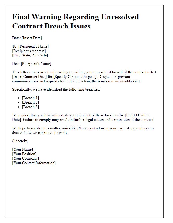 Letter template of final warning regarding unresolved contract breach issues