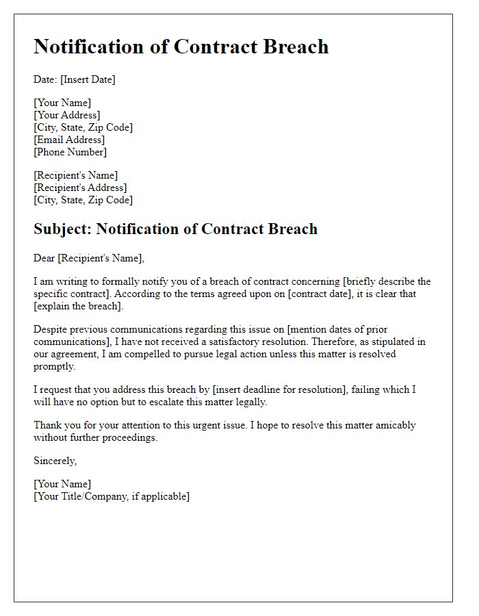 Letter template of notification of contract breach with intentions to pursue legal action