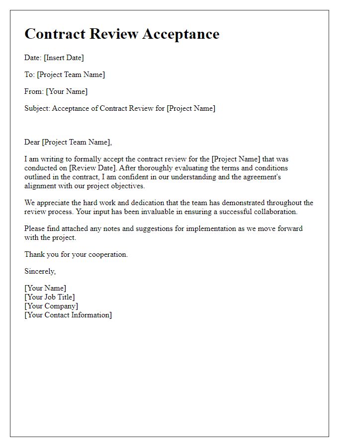 Letter template of Contract Review Acceptance for Project Team