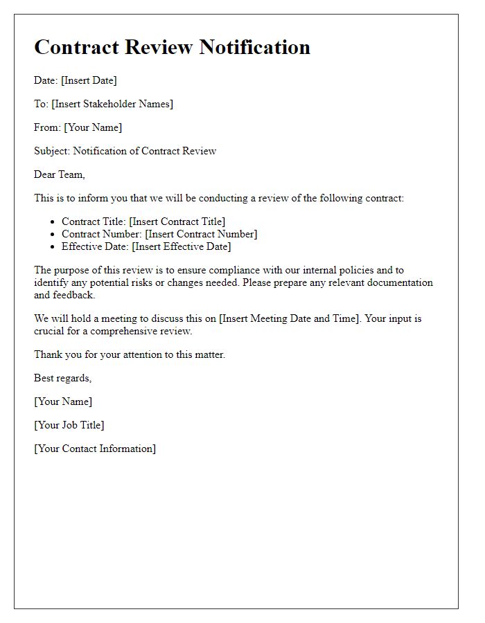 Letter template of Contract Review Notification to Internal Stakeholders