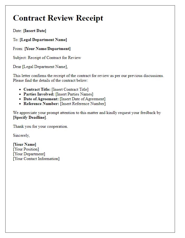 Letter template of Contract Review Receipt for Legal Department