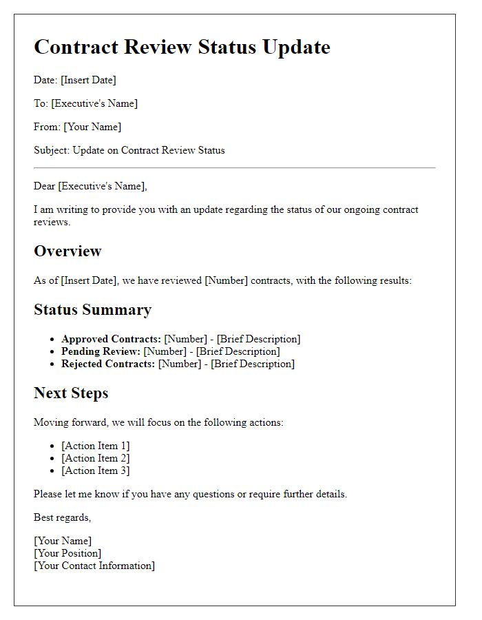 Letter template of Contract Review Status Update for Executive Summary