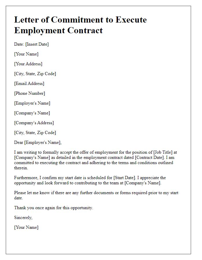 Letter template of contract execution commitment for employment contract acceptance.