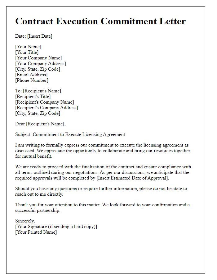 Letter template of contract execution commitment for licensing agreement approval.