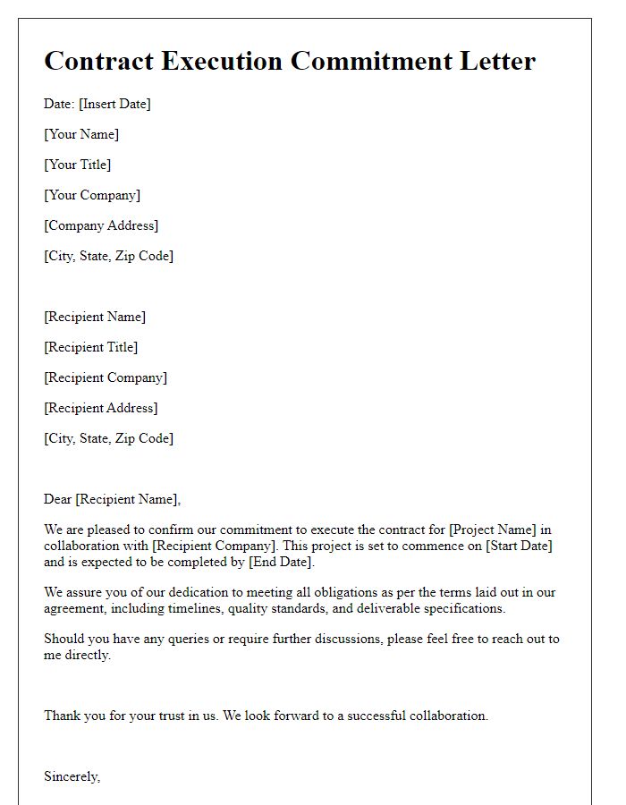 Letter template of contract execution commitment for project collaboration.