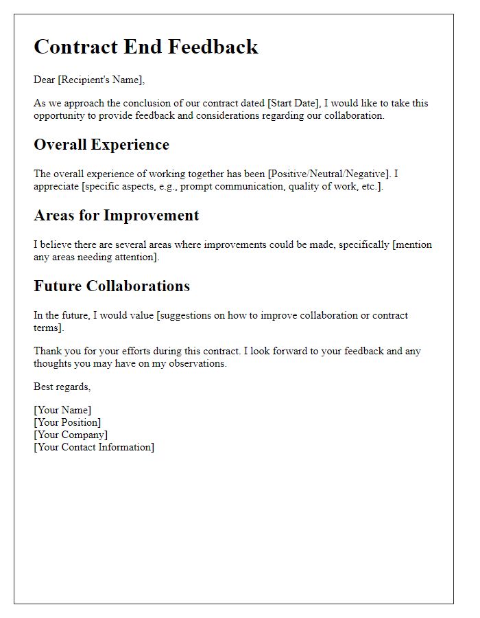 Letter template of considerations regarding contract end feedback