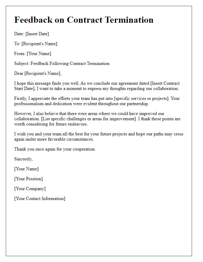 Letter template of feedback following contract termination