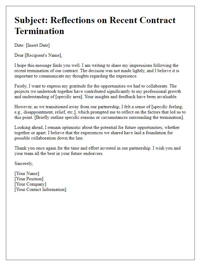 Letter template of impressions from recent contract termination