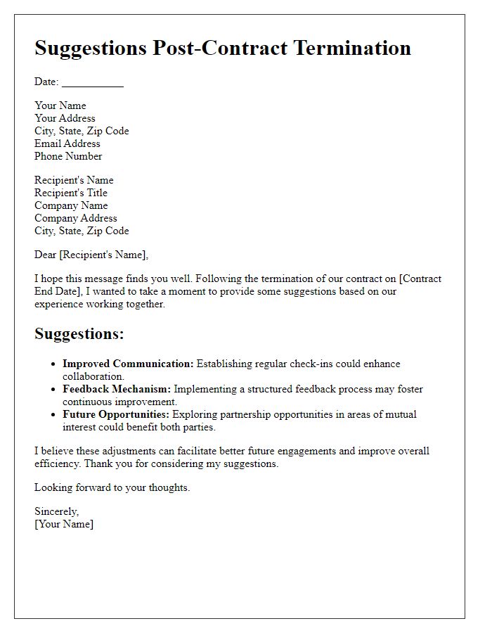 Letter template of suggestions post-contract termination