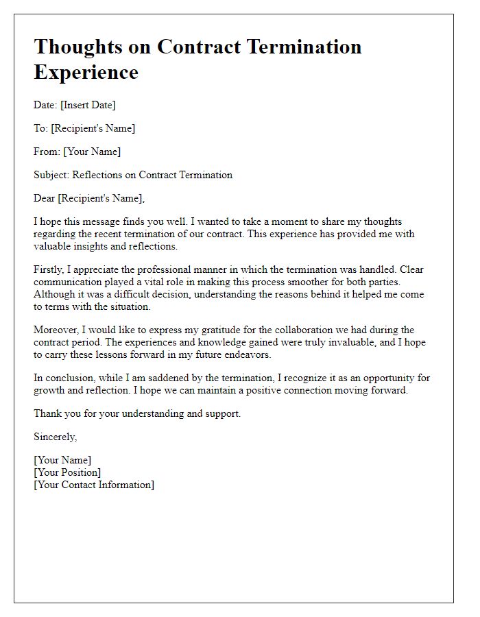 Letter template of thoughts on contract termination experience