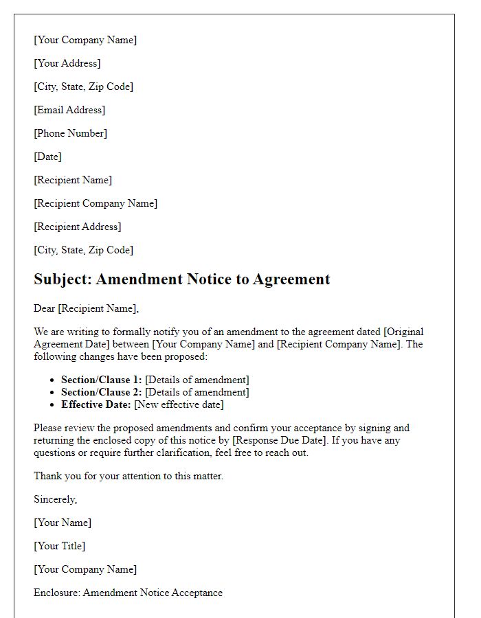 Letter template of Agreement Amendment Notice