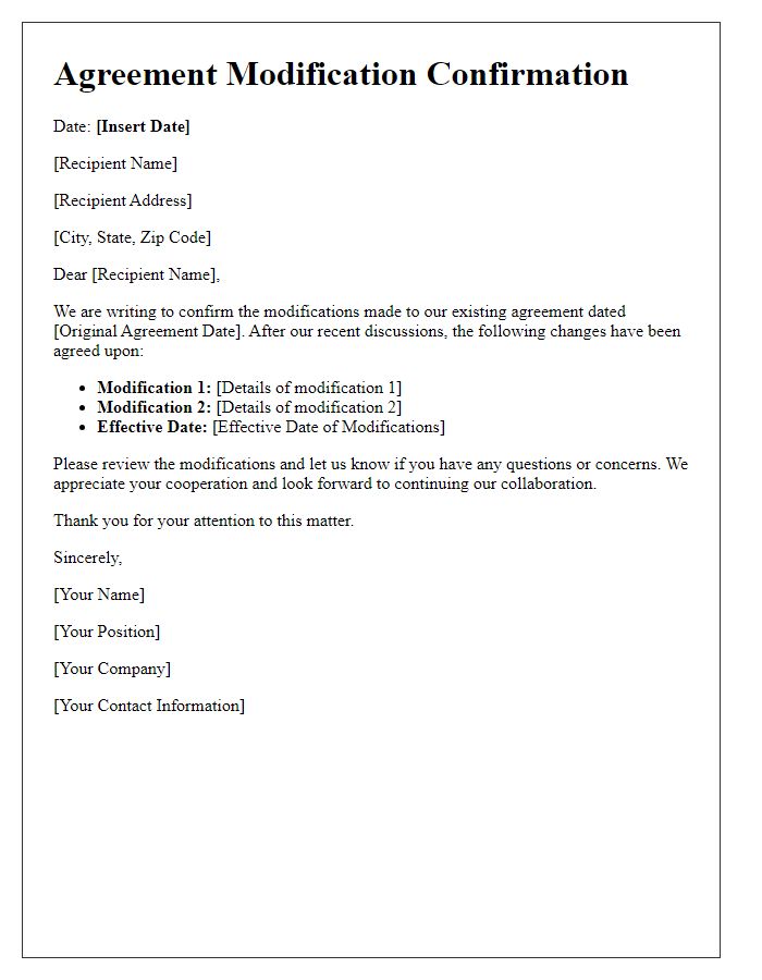 Letter template of Agreement Modification Confirmation