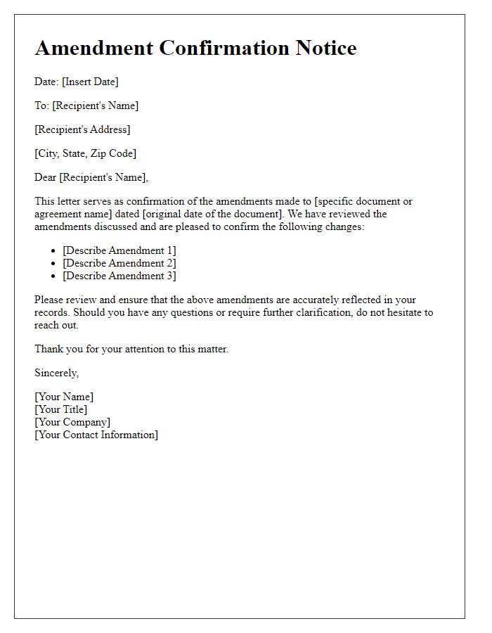 Letter template of Amendment Confirmation Notice