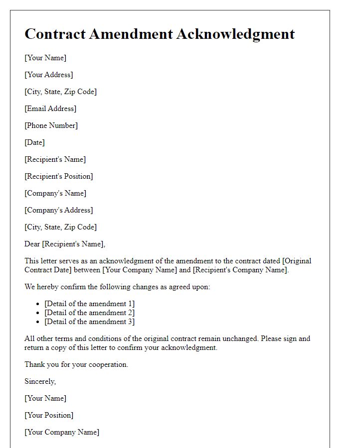 Letter template of Contract Amendment Acknowledgment