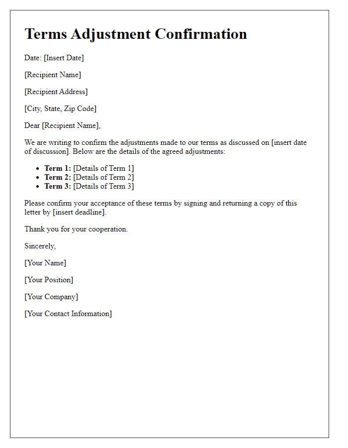 Letter template of Terms Adjustment Confirmation