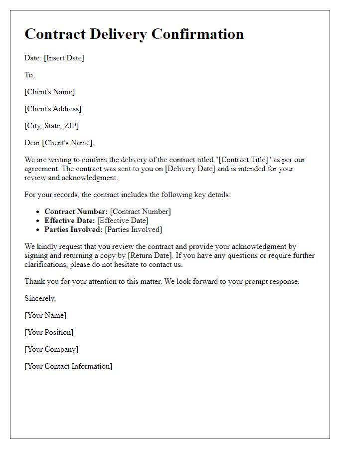 Letter template of Contract Delivery Confirmation for Client Acknowledgment